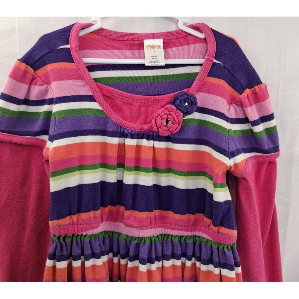Gymboree Falling For Feathers Striped Dress Size 7 Colorful 3D Flowers